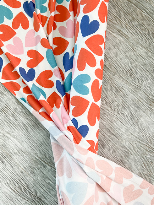 Orange Blue Hearts Print Sweater Knit Fabric by the yard IRREGULAR OSK00995