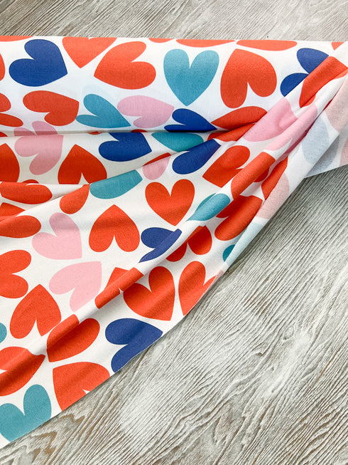 Orange Blue Hearts Print Sweater Knit Fabric by the yard IRREGULAR OSK00995