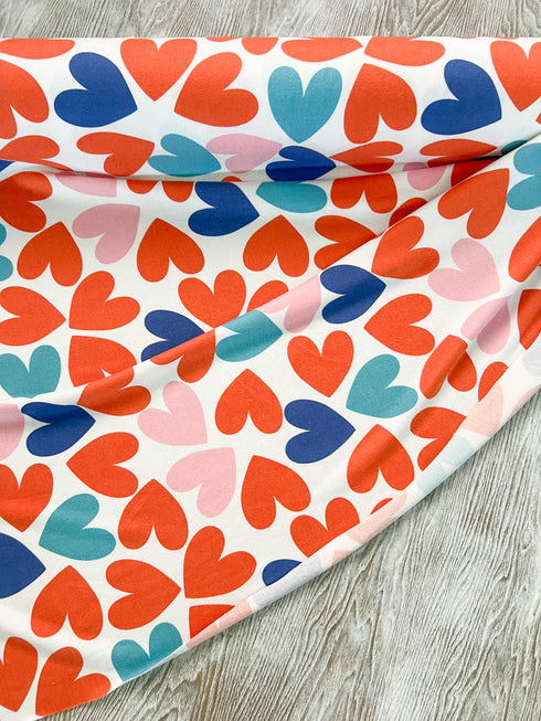 Orange Blue Hearts Print Sweater Knit Fabric by the yard IRREGULAR OSK00995