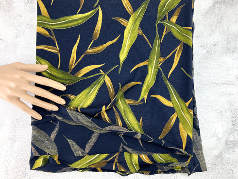 Navy with Leaves Light Weight Linen Sweater Knit Fabric Remnant Designer Fabric 1 yard 24 inches OSK01216