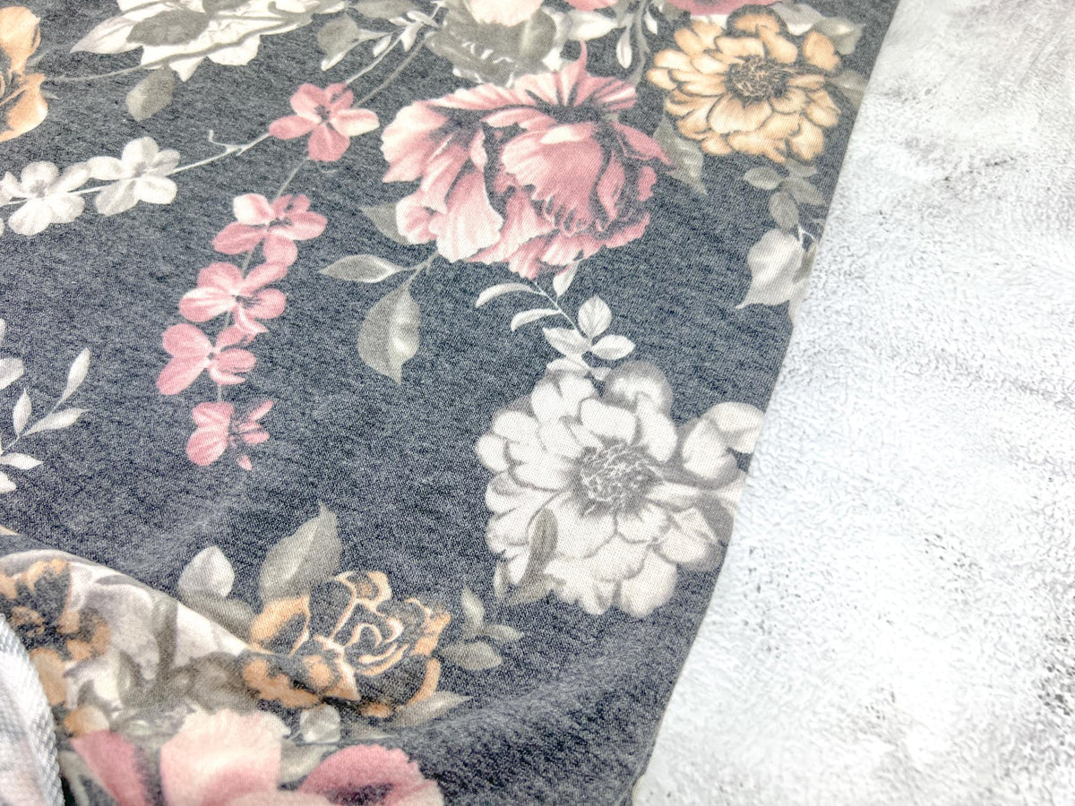 Heather Gray Floral Baby French Terry Knit Fabric Remnant 1 yard