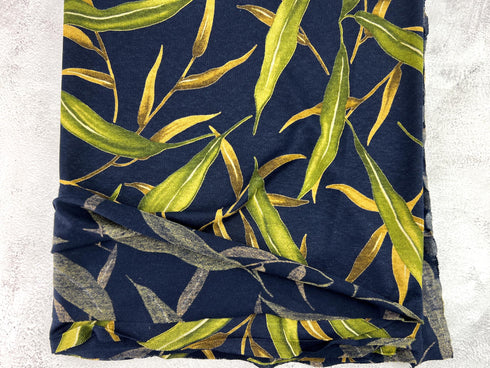 Navy with Leaves Light Weight Linen Sweater Knit Fabric Remnant Designer Fabric 1 yard 24 inches OSK01216