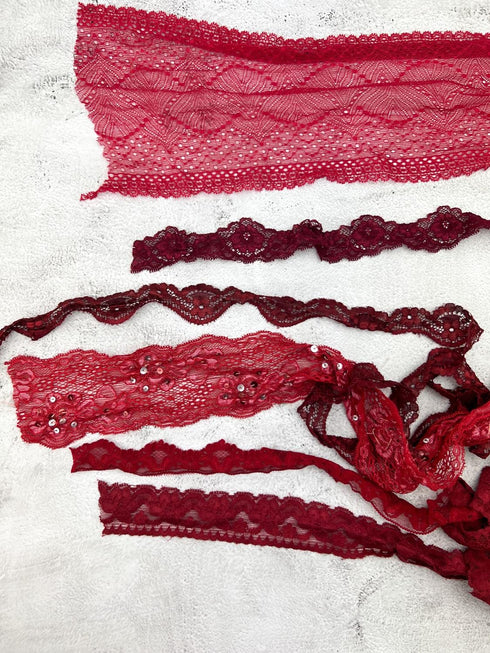 Red Stretch Lace Trims Variety Trim Scrap Pack Scrap Bundle Pack 6 Pieces SPK00204