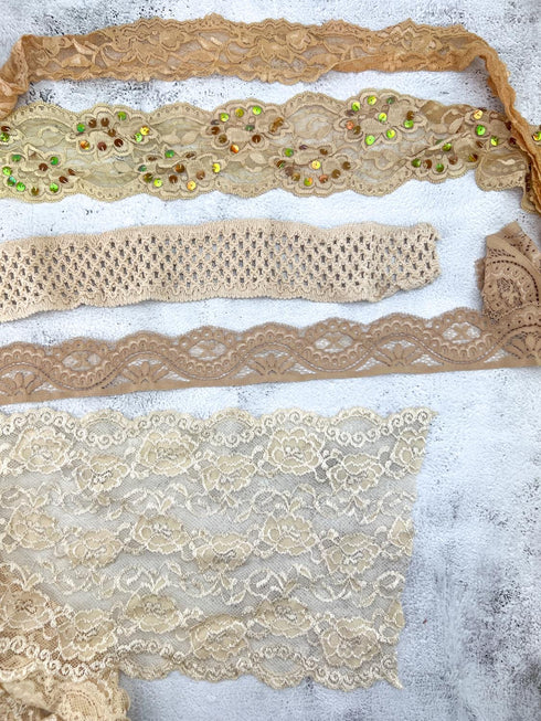 Beige Stretch Lace Trims Variety Trim Scrap Pack Scrap Bundle Pack 5 Pieces SPK00203