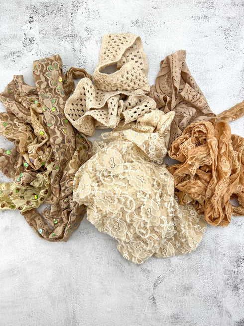 Beige Stretch Lace Trims Variety Trim Scrap Pack Scrap Bundle Pack 5 Pieces SPK00203