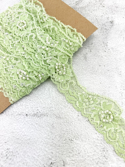 Green Beaded Sequined Stretch Lace Trim Remnant 7 yards SLT00317