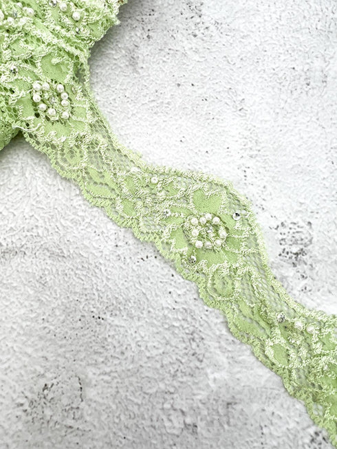 Green Beaded Sequined Stretch Lace Trim Remnant 7 yards SLT00317