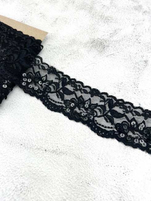 Black Sequined Stretch Lace Trim Remnant 7 yards SLT00324