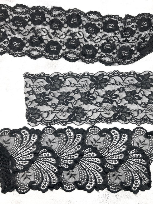 Black Wide Stretch Lace Trims Variety Trim Scrap Pack Scrap Bundle Pack 8 Pieces SPK00213