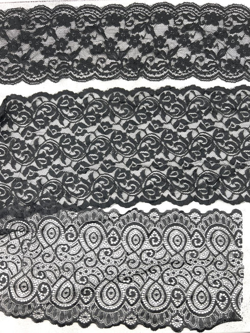 Black Wide Stretch Lace Trims Variety Trim Scrap Pack Scrap Bundle Pack II 8 Pieces SPK00214