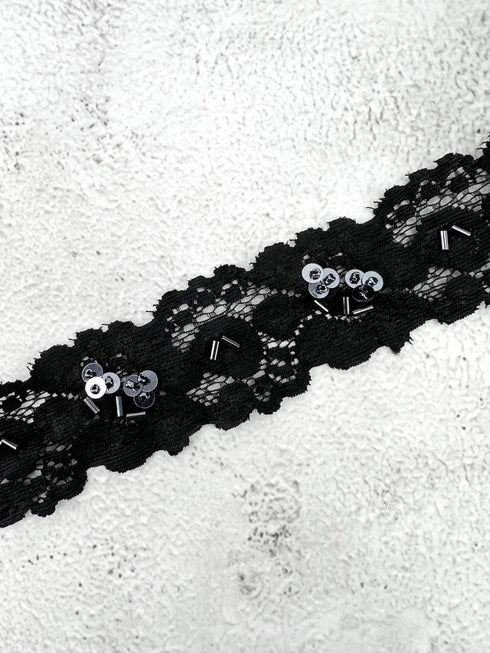 Black Sequined Stretch Lace Trim Remnant 13 yards SLT00323