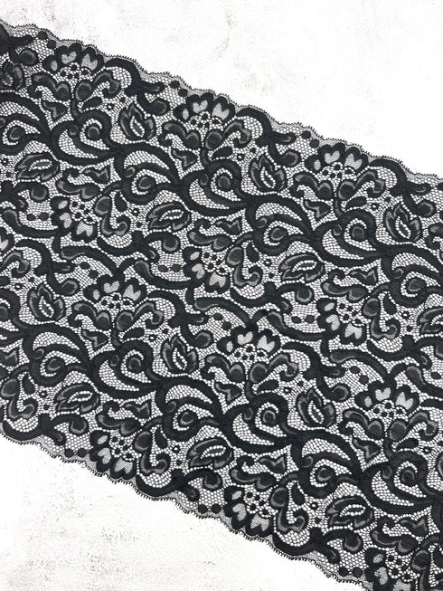 Black Extra Wide Stretch Lace Trim Remnant 1.5 yards SLT00329