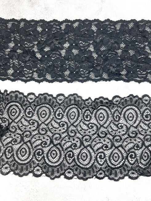 Black Wide Stretch Lace Trims Variety Trim Scrap Pack Scrap Bundle Pack II 8 Pieces SPK00214