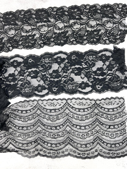 Black Wide Stretch Lace Trims Variety Trim Scrap Pack Scrap Bundle Pack II 8 Pieces SPK00214