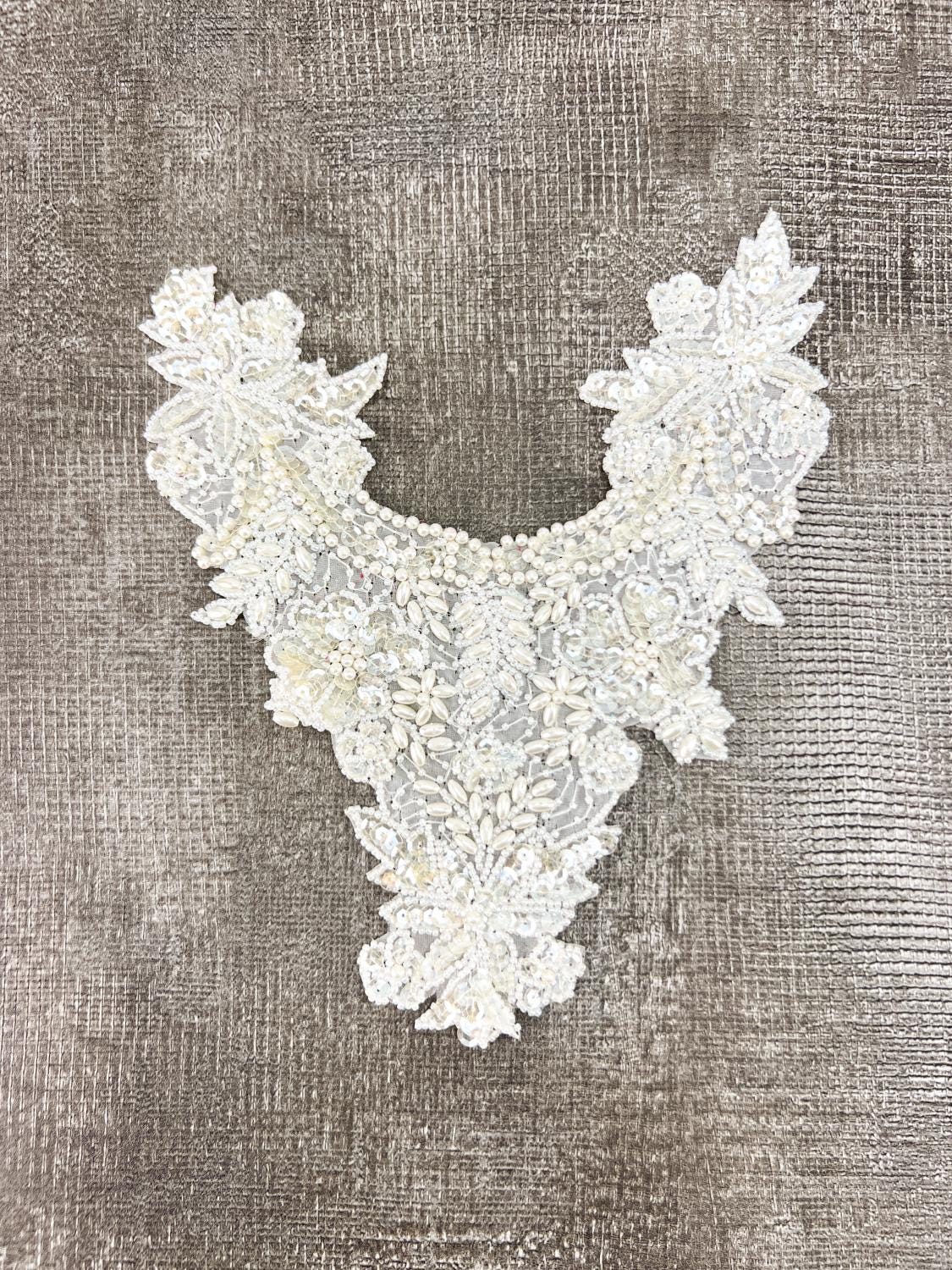 Off White Sequined and Beaded Lace Applique