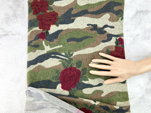 Green Camouflage and Roses Brushed Sweater Knit Fabric Remnant 3.5 yards OSK01223