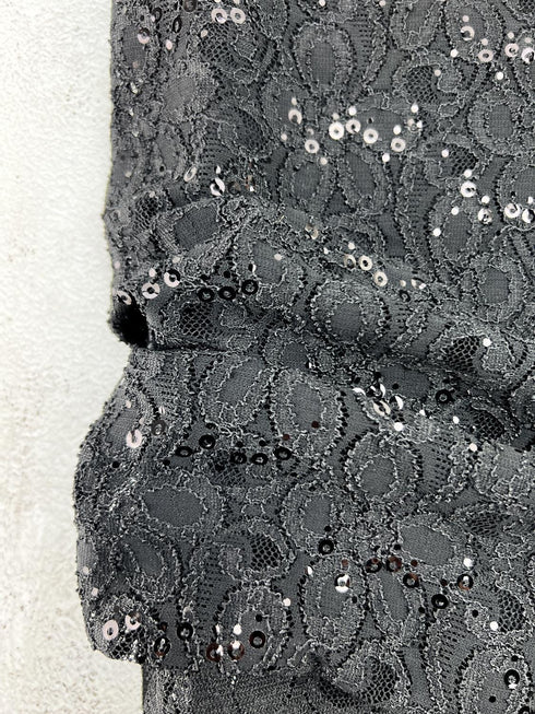 Black Sequined Floral Stretch Lace Fabric Remnant 2.75 yards LAC00012