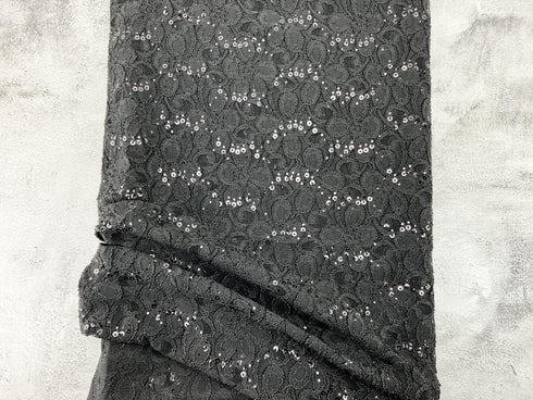 Black Sequined Floral Stretch Lace Fabric Remnant 2.75 yards LAC00012