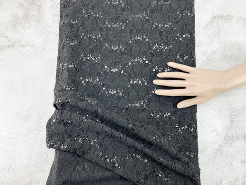 Black Sequined Floral Stretch Lace Fabric Remnant 2.75 yards LAC00012