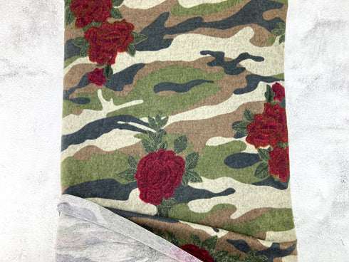 Green Camouflage and Roses Brushed Sweater Knit Fabric Remnant 3.5 yards OSK01223