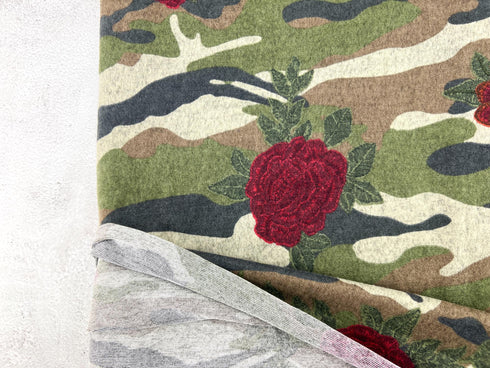 Green Camouflage and Roses Brushed Sweater Knit Fabric Remnant 3.5 yards OSK01223