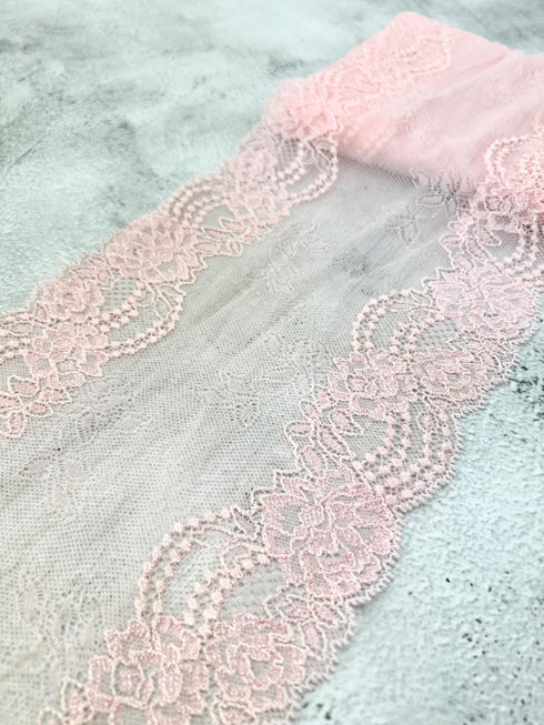 Light Pink Stretch Lace Trim Wide Lace Trim Pink Lace Trim Stretch Lace Trim Remnant 6.75 inches width x 3 yards SLT00330