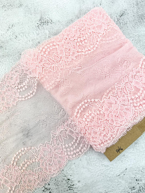 Light Pink Stretch Lace Trim Wide Lace Trim Pink Lace Trim Stretch Lace Trim Remnant 6.75 inches width x 3 yards SLT00330