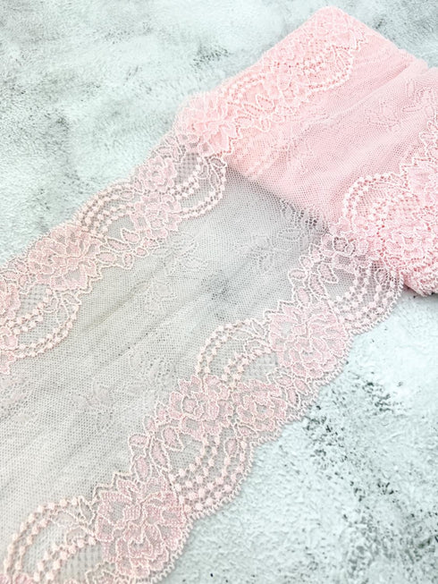 Light Pink Stretch Lace Trim Wide Lace Trim Pink Lace Trim Stretch Lace Trim Remnant 6.75 inches width x 3 yards SLT00330