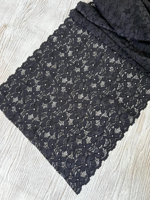 Black Floral Scalloped Stretch Lace Trim Extra Wide 1.5 yards SLT00332