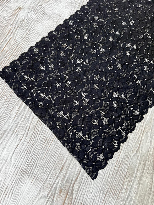 Black Floral Scalloped Stretch Lace Trim Extra Wide 1.5 yards SLT00332