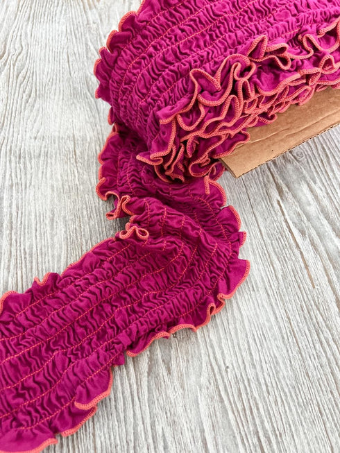 Dark Pink and Orange Rusched Knit Trim Remnant 6.5 yards ELT00314