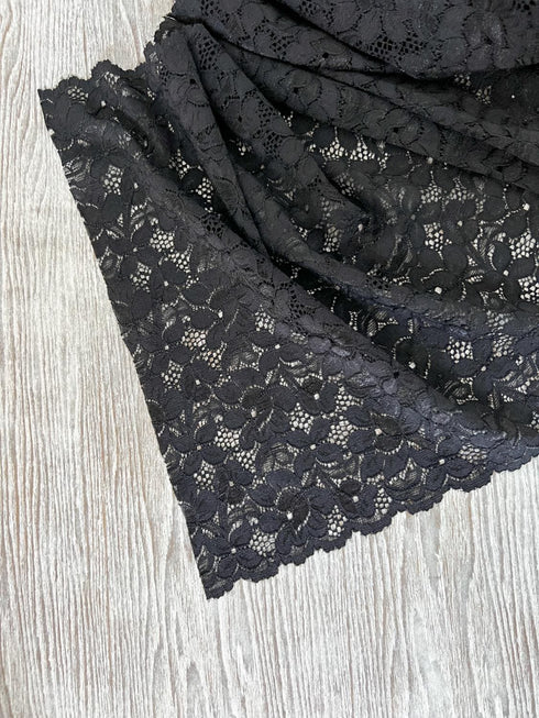 Black Floral Scalloped Stretch Lace Trim Extra Wide 1.5 yards SLT00332