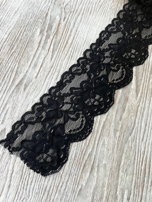 Black Floral Stretch Lace Trim 6.5 yards SLT00334