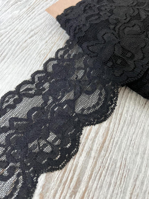 Black Floral Stretch Lace Trim 6.5 yards SLT00334