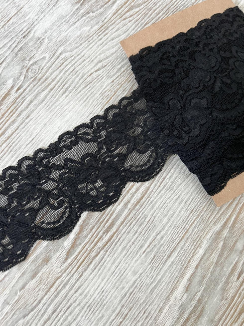 Black Floral Stretch Lace Trim 6.5 yards SLT00334