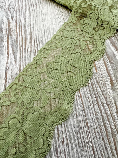 Light Green Floral Stretch Lace Trim Elastic Lace Trim Floral Lace Trim Remnant 3 yards SLT00336
