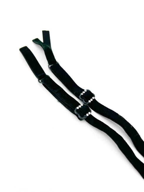 Black Stretch Velvet Adjustable Bra Straps Lingerie Straps Elastic Trim with Rhinestones 1 Pair