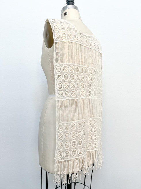 Ecru Cotton Lace Applique with Fringe for Full Back Top Long