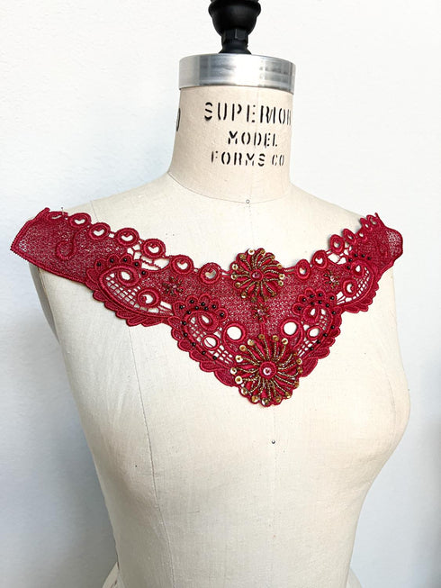 Red Floral Lace Applique with Sequins and Beads