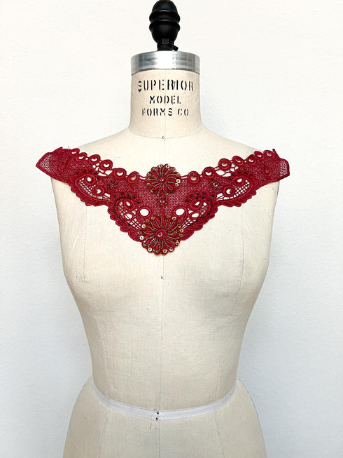 Red Floral Lace Applique with Sequins and Beads