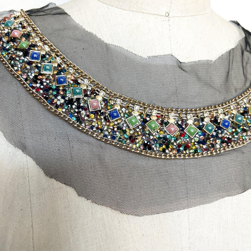 Gold Chain and Rhinestone Neck Applique Front Applique for DIY Sewing Supplies Craft Notions