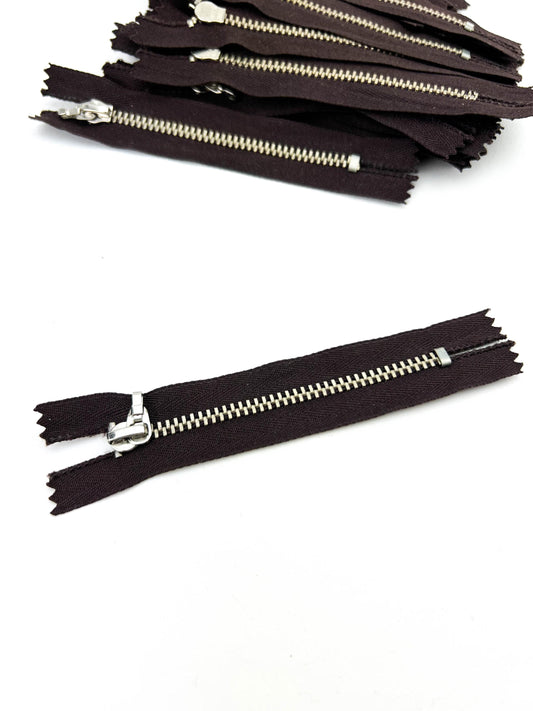 Dark brown 4 inch zippers with nickel metal teeth and no pulls, 24 pack