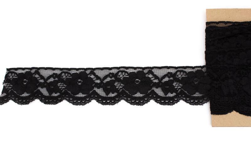 Black Floral Stretch Lace Trim 2.25 inches width x 5 yards - Felinus Fabrics