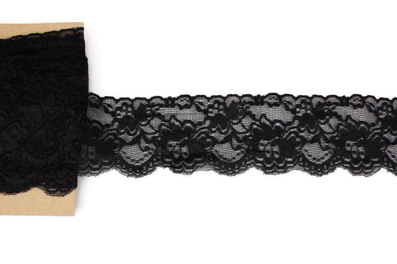 Black Floral Stretch Lace Trim 3 inches width x 6 yards - Felinus Fabrics