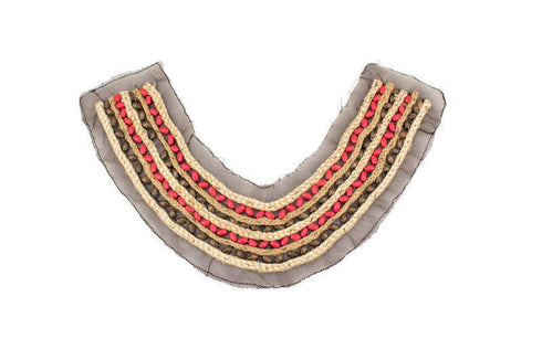Coral Red Beige and Brown Beaded Braided on Mesh Applique