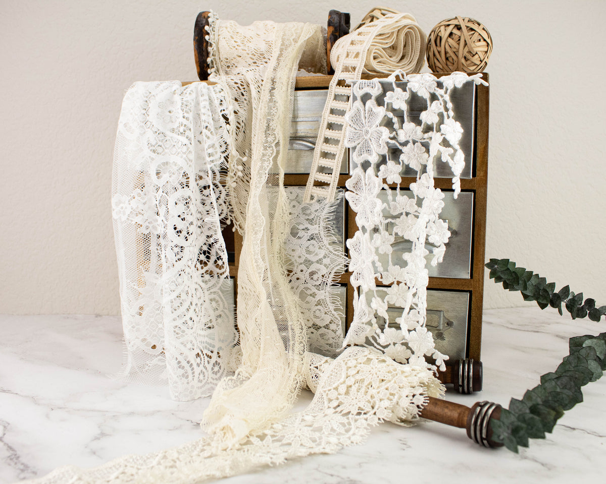 White Cream Ecru Variety Lace Trim Scrap Pack Scrap Bundle 6 pieces of 1-2 yards each