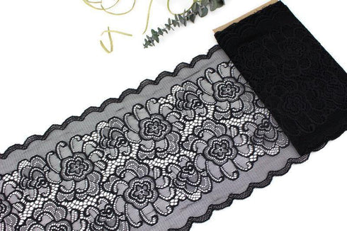 Black Wide Floral Stretch Lace Trim Remnant 3 yards 15 inches