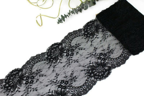 Black Wide Floral Stretch Lace Trim Remnant 2.5 yards
