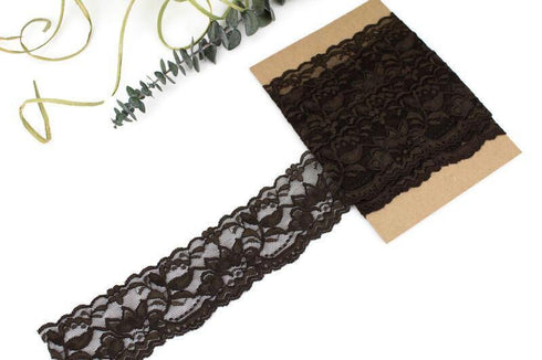 Dark Brown Floral Stretch Lace Trim Remnant 3 yards