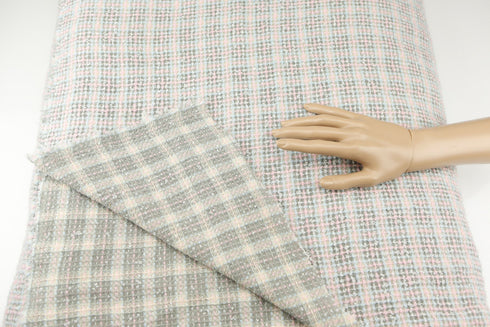 Pink Gray Wool Blend Plaid Tweed Fabric Italian Woven by the Yard